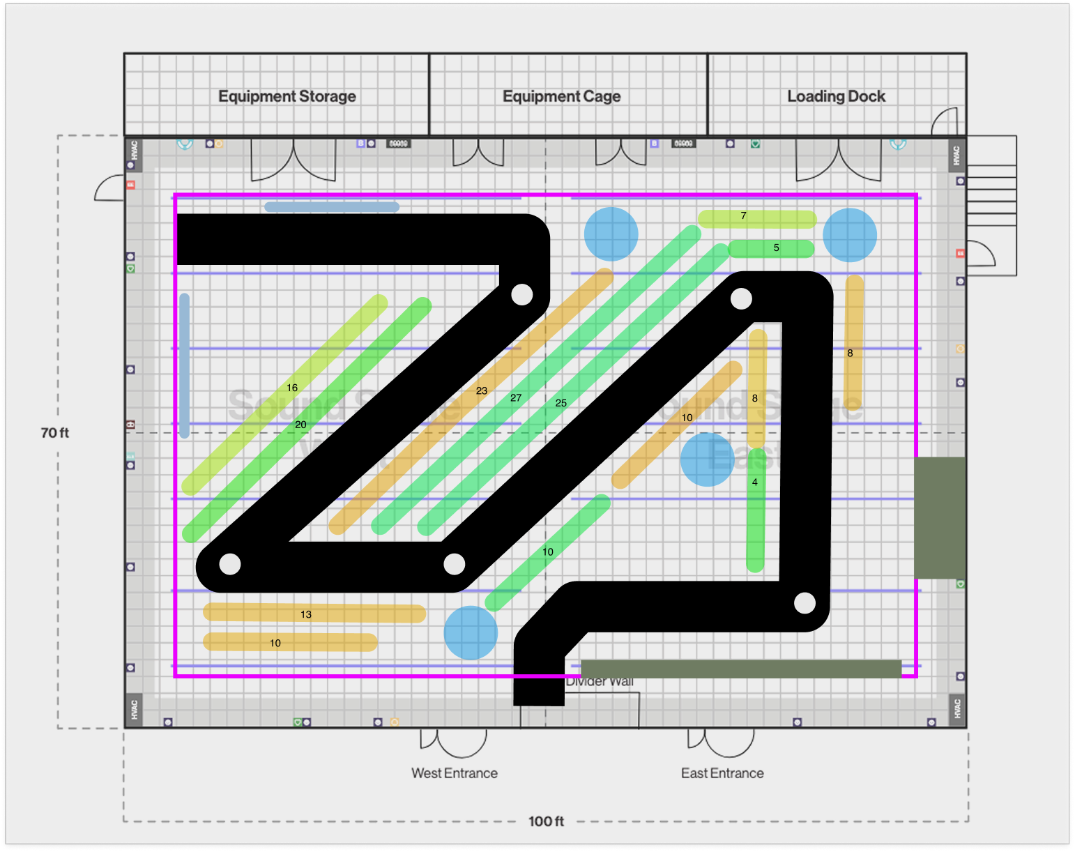 Floor plan of the show: runway, seating, model pose spots and camera positions